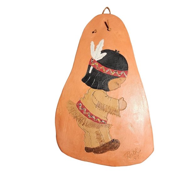 Terra Cotta Clay Tiles Signed Ruth 07 Native Children Boy Girl Leather Hanger - Picture 3 of 7